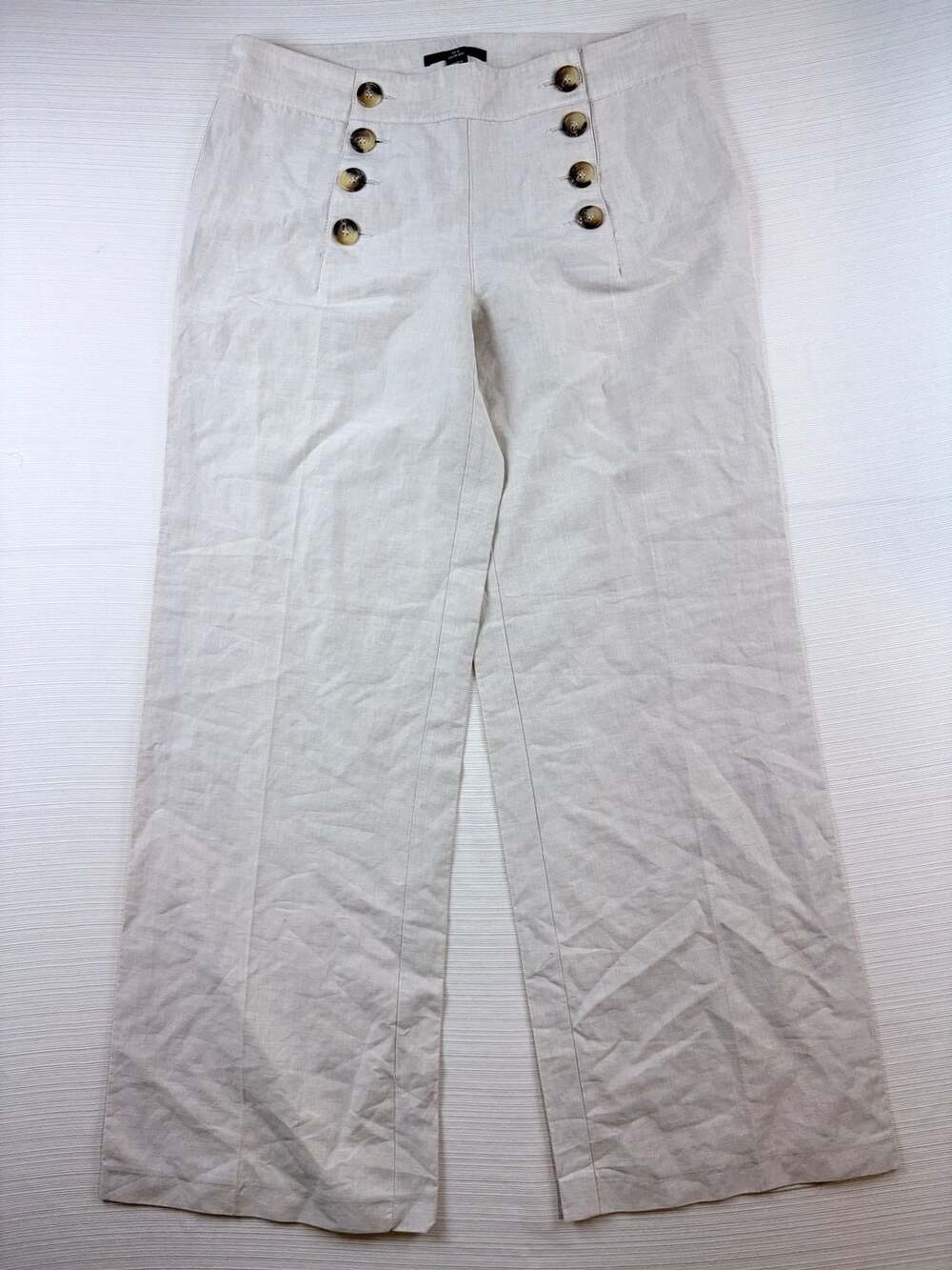 H&M Linen Blend Sailor Pants Size 12 Beige Wide Leg Button Front
